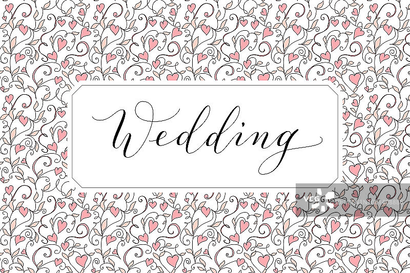 婚礼卡片与心形图案的背景，邀请模板。手写定制书法。图片素材