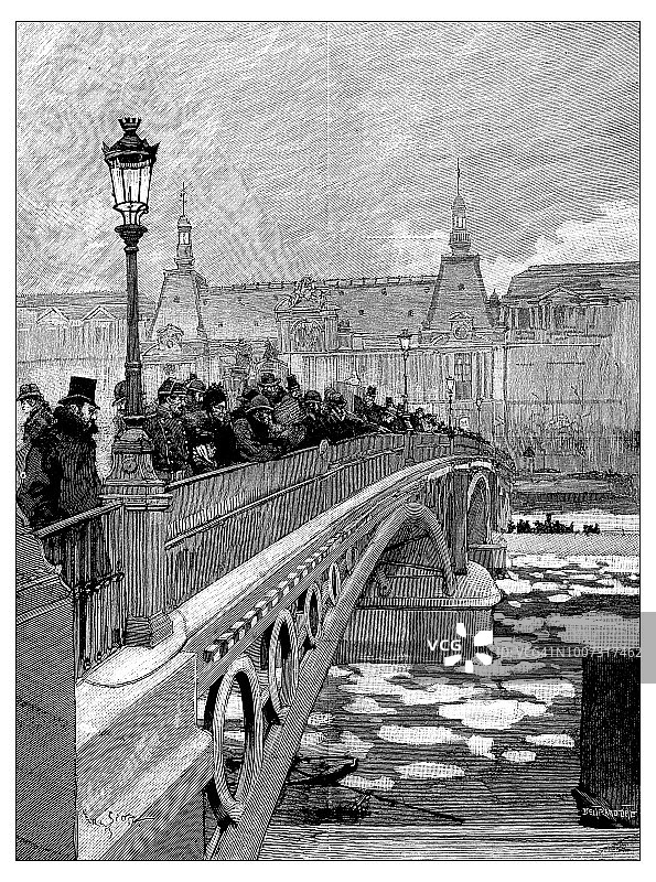古董科学雕刻插图:冬季巴黎塞纳桥用冰图片素材