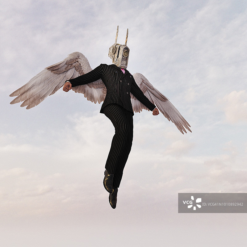 天使投资者:奇异的未来主义商人，拥有半机械人头和天使翅膀从天空中降落图片素材