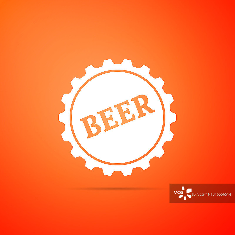 瓶盖与啤酒字图标隔离在橙色背景。平面设计。矢量图图片素材