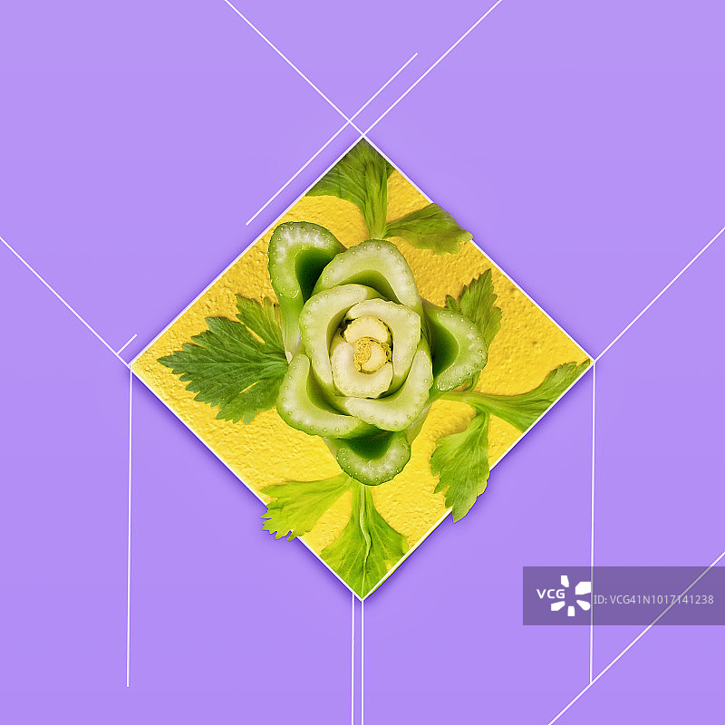 芹菜的抽象形象在黄色和紫色的背景图片素材
