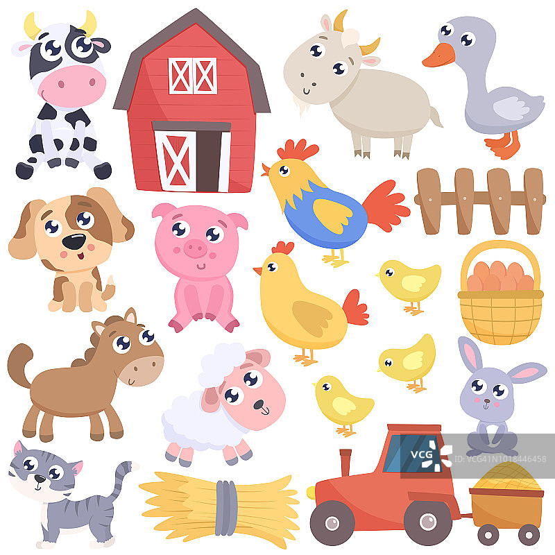 可爱的农场卡通动物和相关物品。图片素材