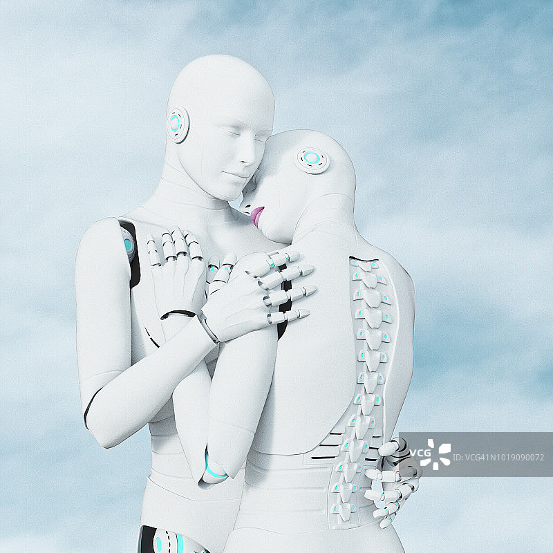 男女机器人互相拥抱图片素材