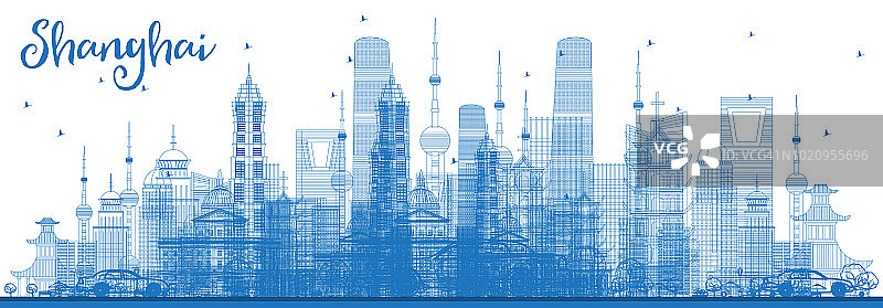 用蓝色建筑勾勒出上海的天际线。图片素材