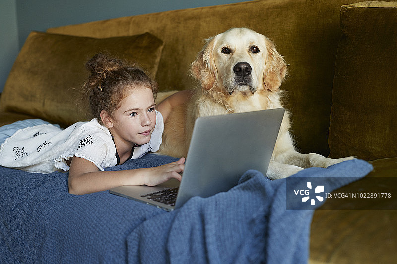 女孩躺在沙发上，和她的金毛猎犬在笔记本电脑上打字图片素材