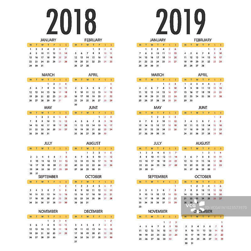 白色背景上的2018年2019年日历。向量模板图片素材