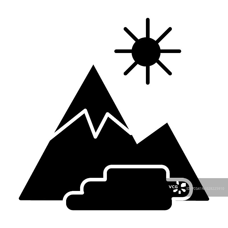 山体景观固体图标。山，太阳和湖矢量插图孤立在白色。自然象形风格的设计，为网页和应用程序设计。Eps 10。图片素材
