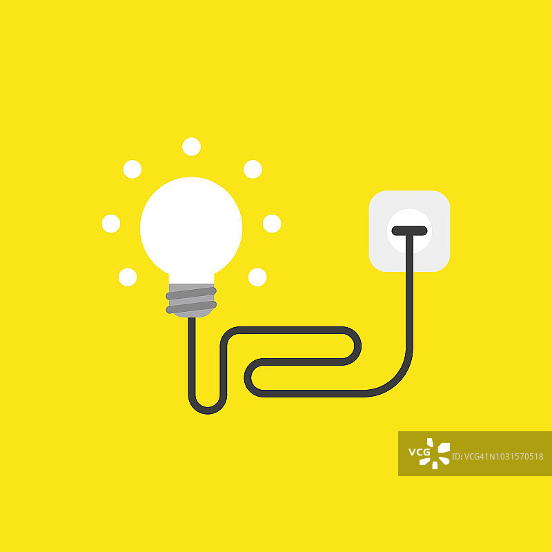 矢量图标概念与电缆发光的灯泡，插入插座在黄色的背景图片素材