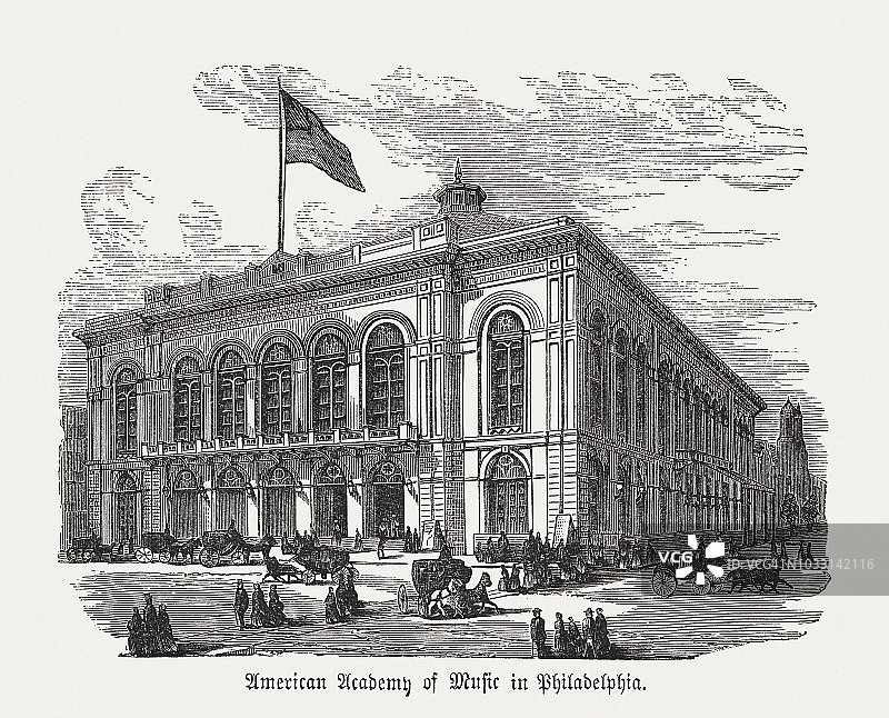 美国宾夕法尼亚州费城音乐学院，木版，1876年出版图片素材