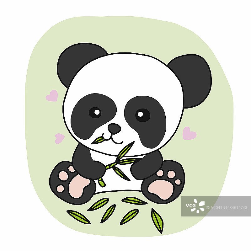 可爱的熊猫吃树叶卡通矢量插图涂鸦风格图片素材