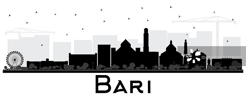 意大利Bari城市天际线轮廓与黑色建筑孤立在白色。图片素材