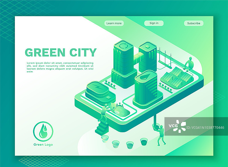 绿色生态城市，以智能技术理念、登陆页模板、智能建筑、回收和水净化技术、绿色能源摩天大楼现代可持续生活方式图片素材
