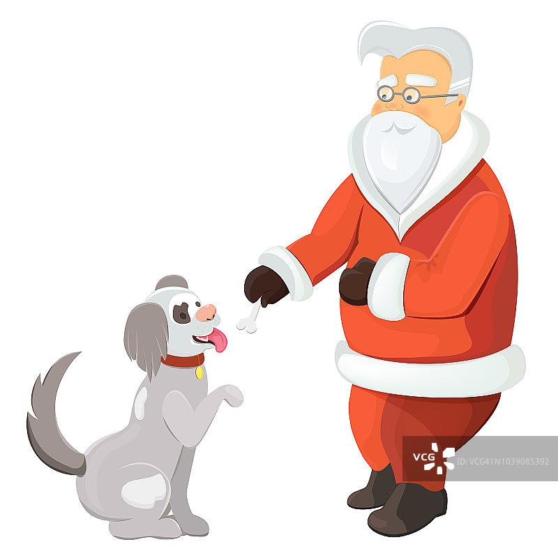 圣诞老人和小狗玩耍。圣诞老人和爪子狗孤立在白色背景。图片素材