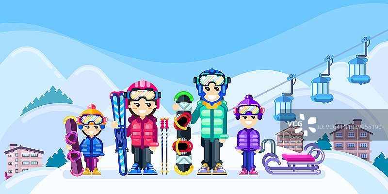 快乐的家庭在冬季滑雪胜地，矢量平面风格插图。周末山里旅游，户外休闲概念图片素材