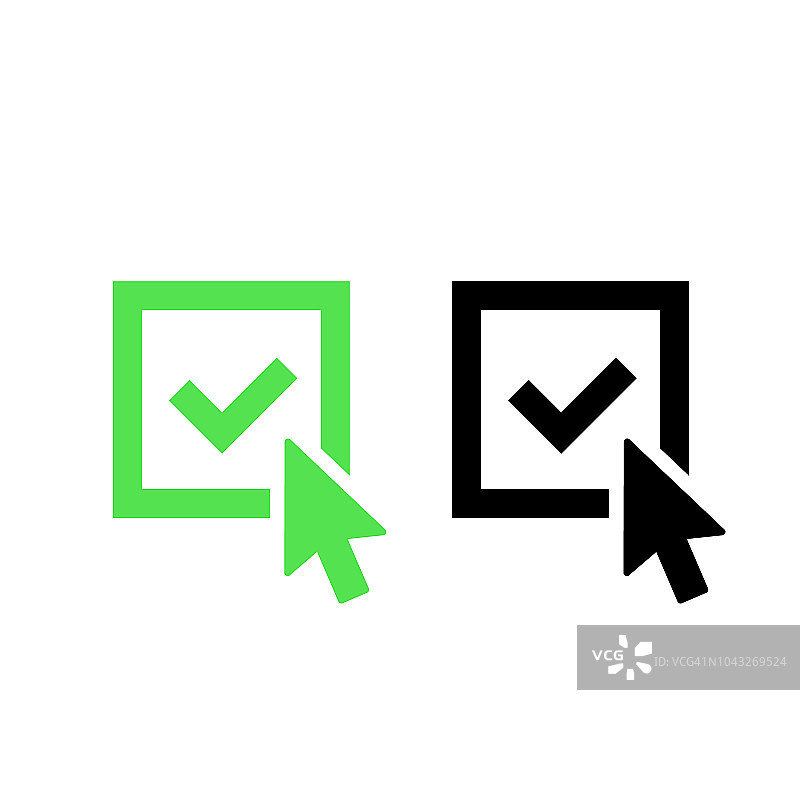 检查标志标志图标。标记在绿色和黑色插图。接受ok符号的批准或检查清单。电脑鼠标点击光标灰色箭头图标。图片素材