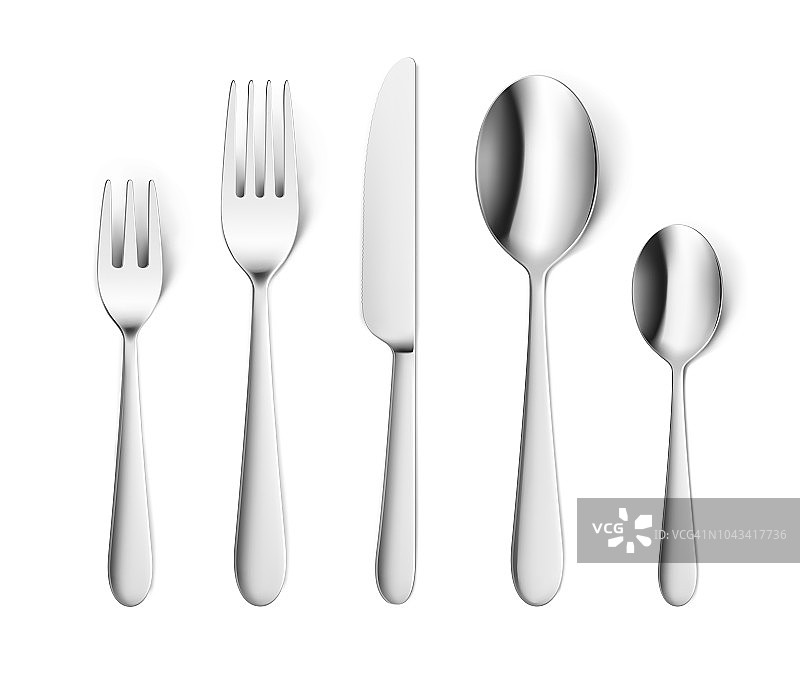 一套现实的叉，刀和勺子孤立在白色。图片素材