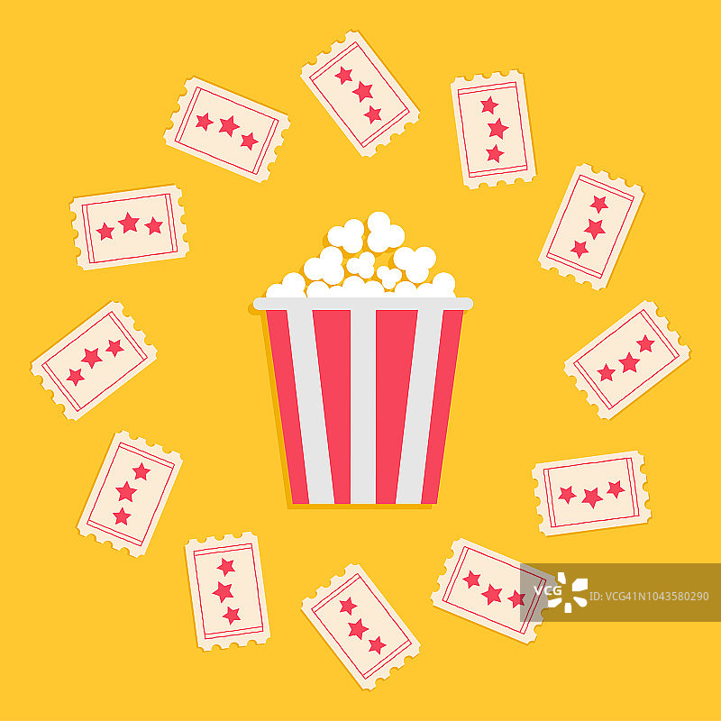 爆米花盒和星票圆框。扁平设计风格的电影图标。黄色背景。图片素材