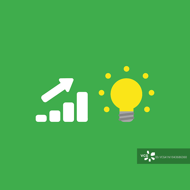 矢量图标概念的销售条形图向上移动与发光的灯泡在绿色的背景图片素材