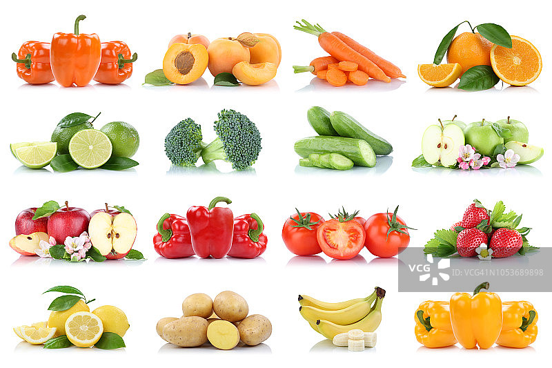 水果和蔬菜收集分离的苹果，西红柿，橙子，草莓，香蕉图片素材