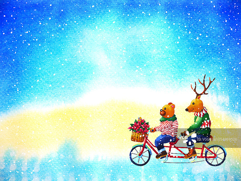 圣诞动物新年快乐水彩画插画图片素材