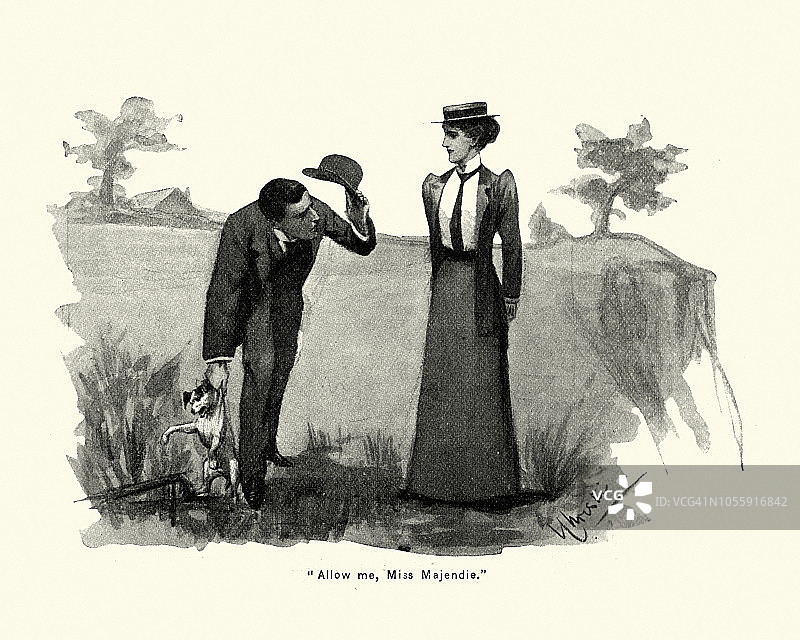 19世纪90年代，维多利亚时代的一名男子帮助一名妇女照看她的狗图片素材