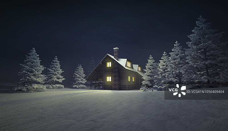 在冬季宁静的风景中，照亮了木屋图片素材