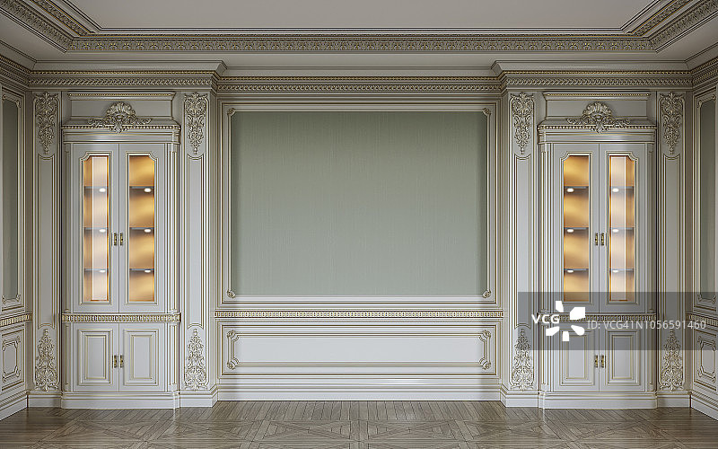 Ð经典的橄榄色内饰，木制墙板和陈列柜。3 d渲染。图片素材