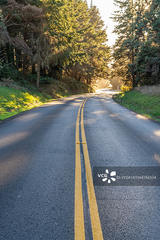 乡村公路:加州新沥青公路的特写，双黄线低角度图片素材