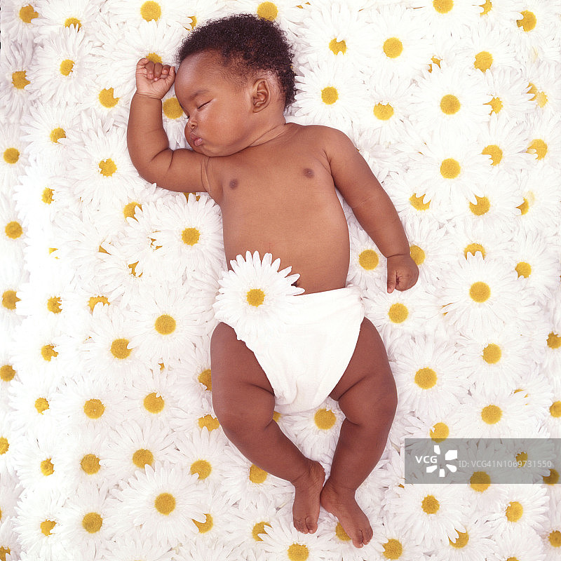 带着花睡着的婴儿图片素材