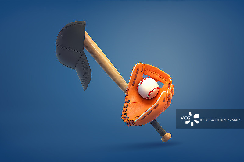 3d渲染的棒球棒与一顶帽子挂在它和手套与一个球站在附近。图片素材