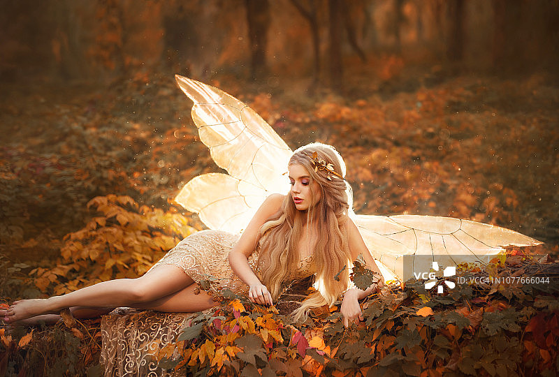 苗条的女孩变成了一个仙女，一个戴着金色花环的金发模特在森林里的树叶上穿着米黄色的长裙露着双腿，背后有闪闪发光的翅膀，大气的秋天艺术照片图片素材