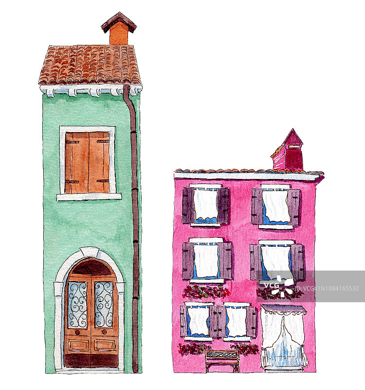 一套水彩彩色插图的房子从布拉诺孤立在白色的背景。图片素材