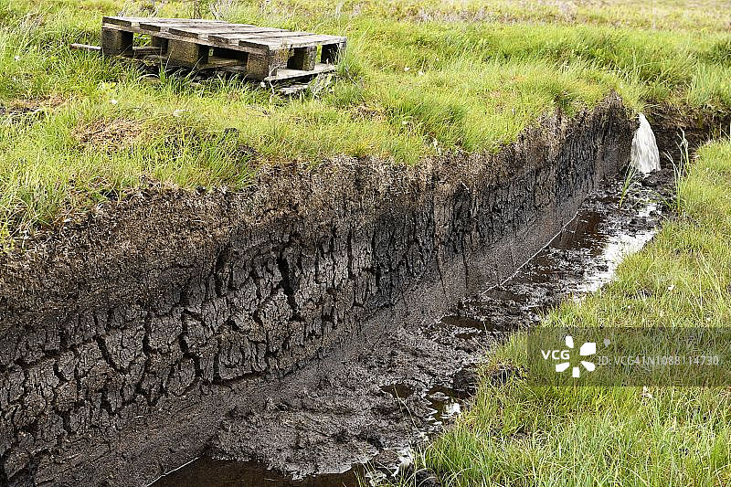 在苏格兰斯凯岛的沼泽地上，挖出深深的泥炭沟，用来排干收割用的水图片素材