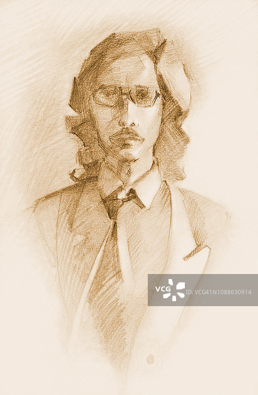 时尚的插图画一个sepia在纸肖像一个年轻人在西装和领带长头发在眼镜图片素材