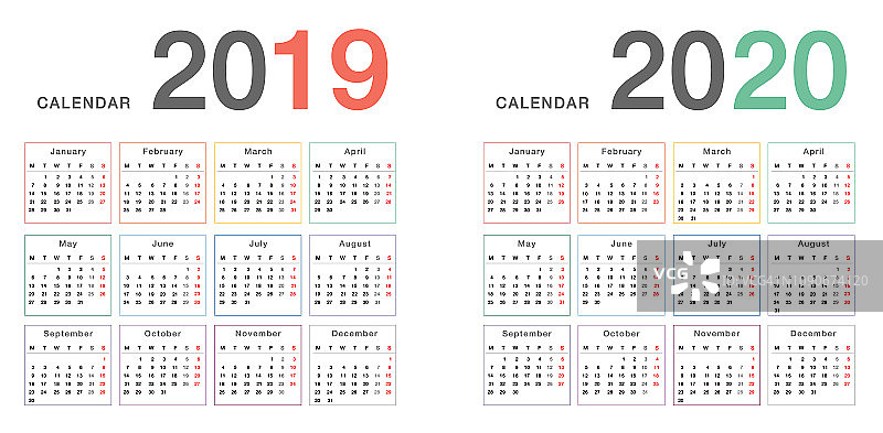 2019年和2020年日历水平矢量设计模板，设计简单干净。2019年和2020年的日历，以白色背景为组织和业务。图片素材