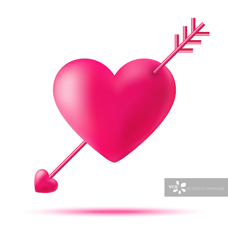 丘比特的心与丘比特的箭。情人节爱情的象征，婚礼请柬。三维心脏与箭头图标孤立在白色背景。情人节设计元素。矢量插图。图片素材
