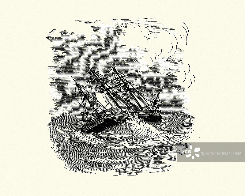十九世纪维多利亚时期，在波涛汹涌的海面上航行的船只图片素材