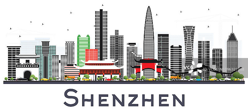 中国深圳城市天际线与彩色建筑隔离在白色。图片素材