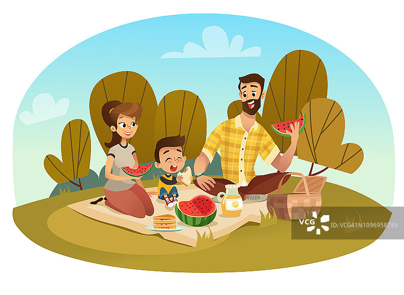 快乐的一家人在野餐。爸爸，妈妈，儿子在大自然中休息。矢量插图在一个平坦的风格图片素材