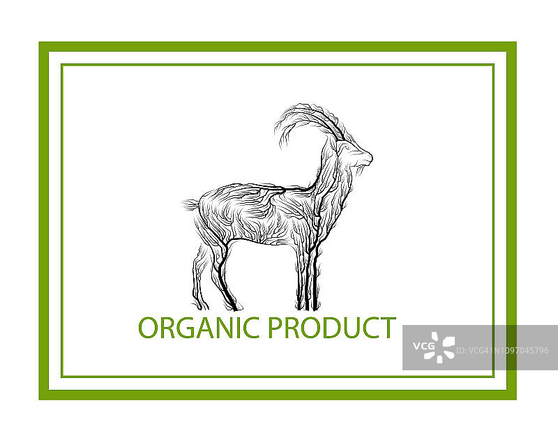 有机产品理念，白色背景上像树一样的山羊，绿色生态产品理念，生态生产，向量图片素材