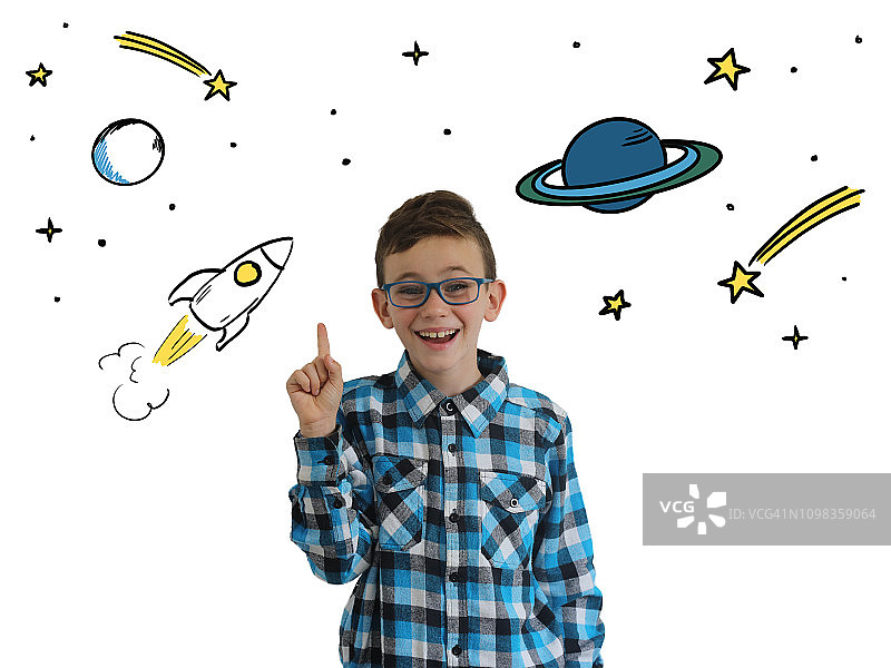 小男孩，孩子，思考想法，梦想想象太空星星图片素材