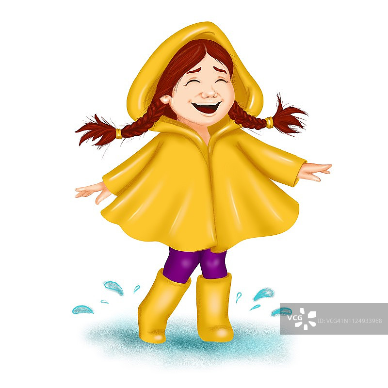 春天的剪辑艺术卡通女孩辫在雨衣跳舞和笑。适用于春季贺卡、季节性促销横幅、幼儿园设计、时尚印花、婴儿俱乐部或儿童活动海报等图片素材