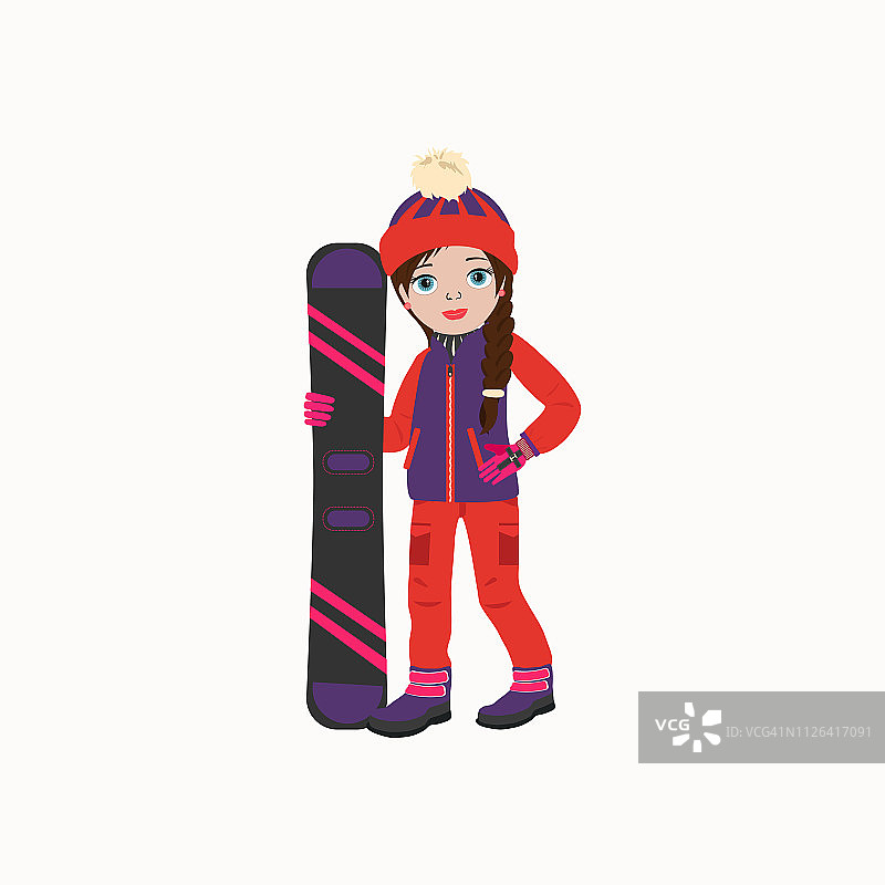 可爱的女孩穿着冬装和滑雪板。图片素材