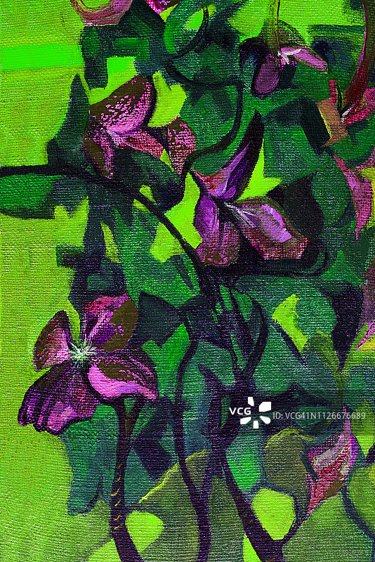 时尚的插画现代艺术作品我的油画原画在画布上垂直的夏季阳光装饰景观开花的紫色铁线莲灌木图片素材
