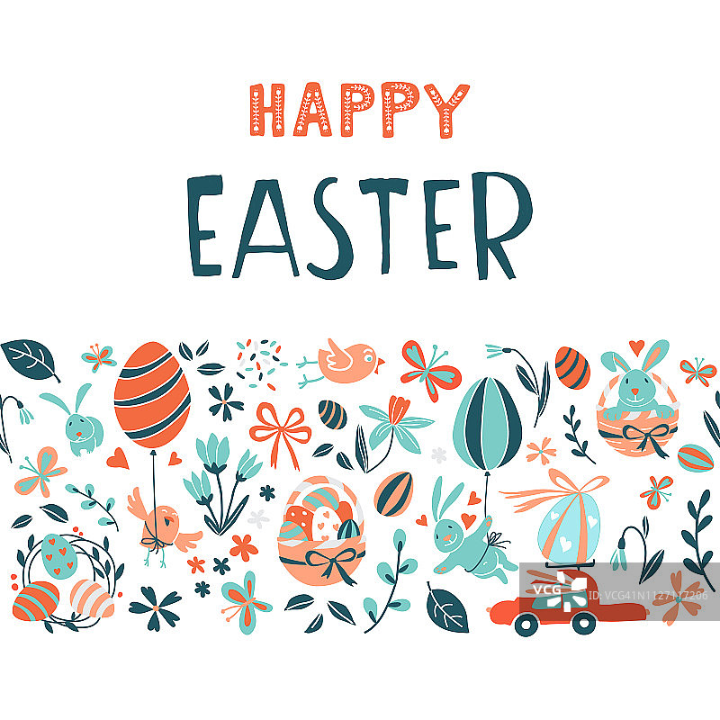 有趣的快乐复活节彩蛋狩猎贺卡卡通风格设计。图片素材