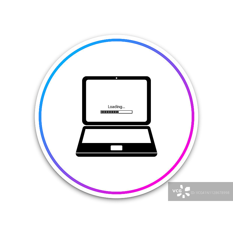笔记本电脑更新过程与加载栏图标隔离在白色背景。系统软件更新。加载过程在笔记本电脑屏幕。圆形白色按钮。矢量图图片素材