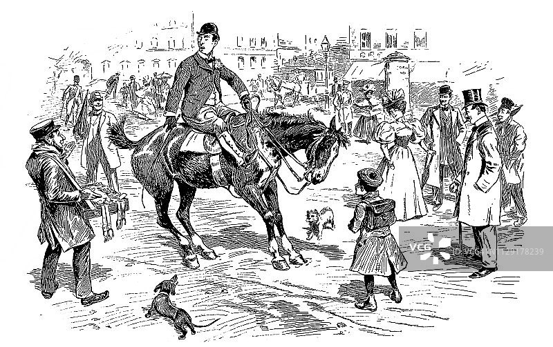 在广场上的人群中骑马——1896年图片素材
