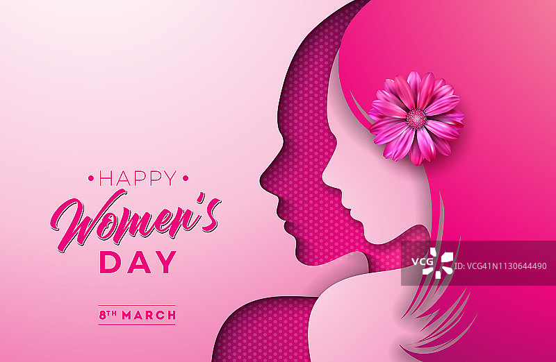 3月8日。妇女节贺卡设计与年轻女子剪影和鲜花。国际女性假日插图与字体字母在粉红色的背景。向量Calebration模板。图片素材