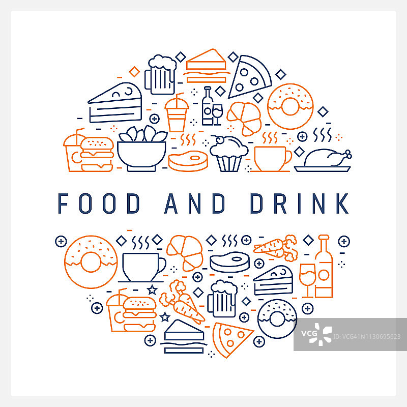 食品和饮料概念-彩色线条图标，排列在圆圈图片素材