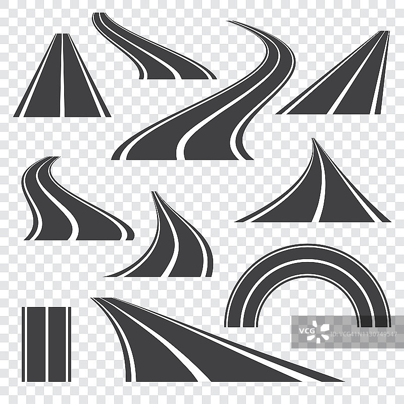 沥青道路矢量插图。带有标记的弯曲透视公路。一组图标。图片素材